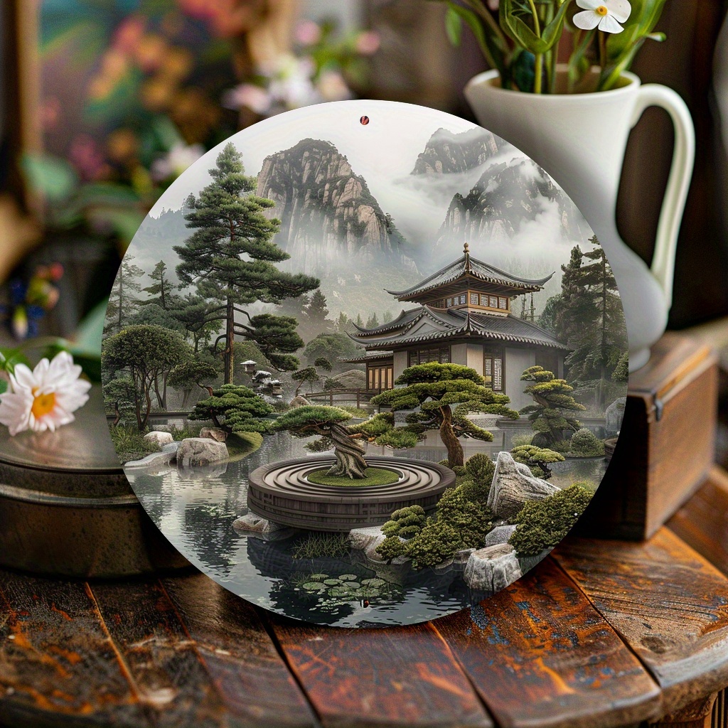 Panneau rond en métal sur le t - Bonsai Tree Zen Garden avis et prix